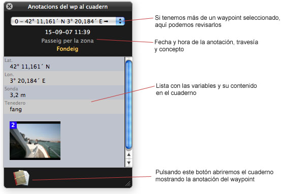 Ventana revisando las anotaciones del waypoint en el cuaderno