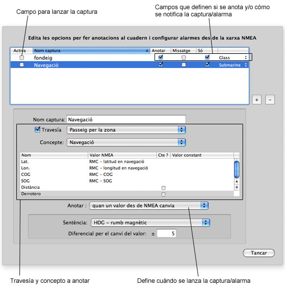 Pantalla de configuración de anotaciones y alarmas desde la red NMEA