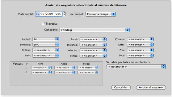 Ventana con las opciones para anotar waypoints del plotter al cuaderno