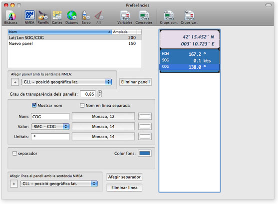 Ventana de configuración de paneles