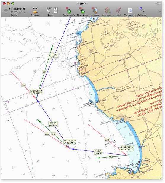 Ejemplo de ruta dibujada en el plotter, con vectores de viento y SOG en cada waypoint